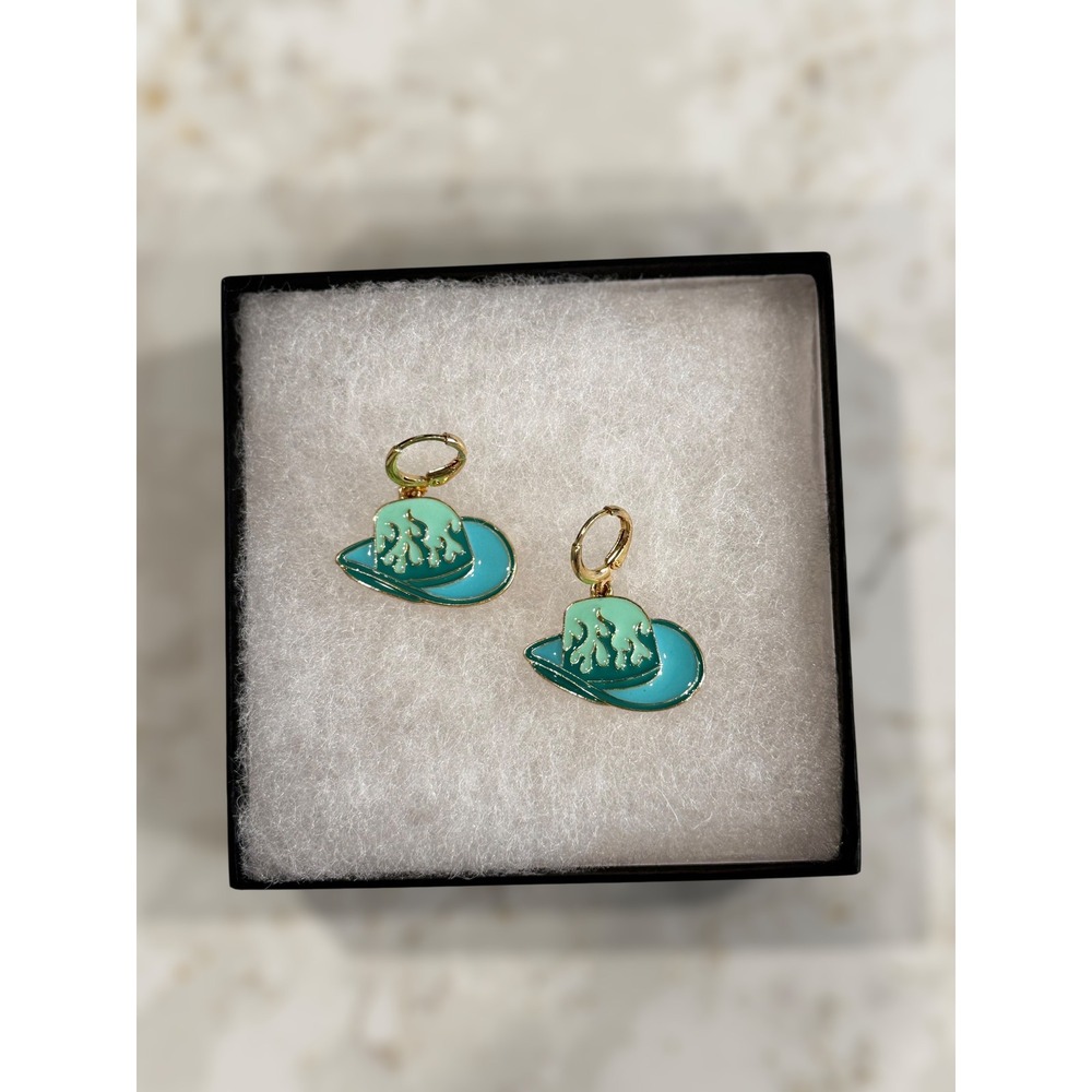 Cowboy Hat Earrings Blue Green Flame Enamel Gold Tone Dangling Western Style